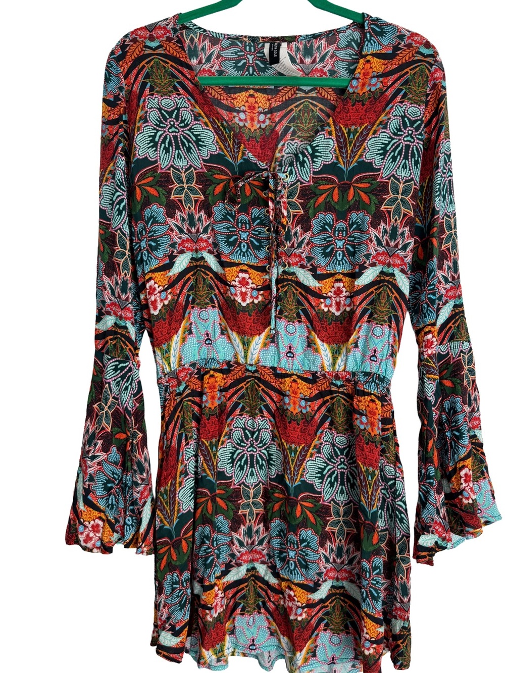 Kenneth Cole Bell Sleeve Dress Colorful Lace Up Tie Front Retro Boho Size Medium